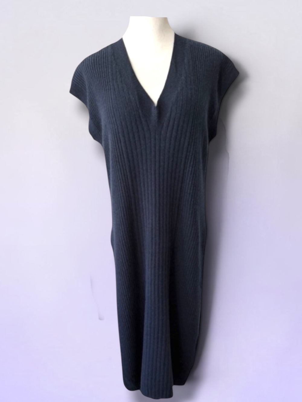 Autumn Cashmere Long Rib V-Neck Navy Tunic Sweater Size Large